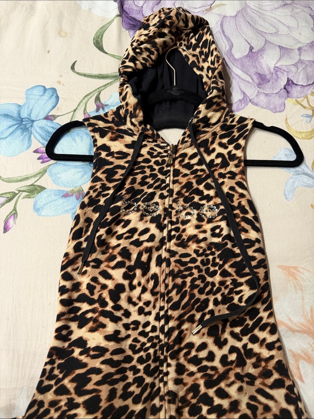 BEBE Leopard Print Sleeveless Zip Hoodie jumpsuit with Rhinestone Detail
